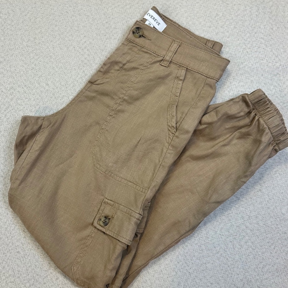 Evereve Cargo Jogger Pants Women 25 Tan Linen Blend Utility Coastal Casual Chic